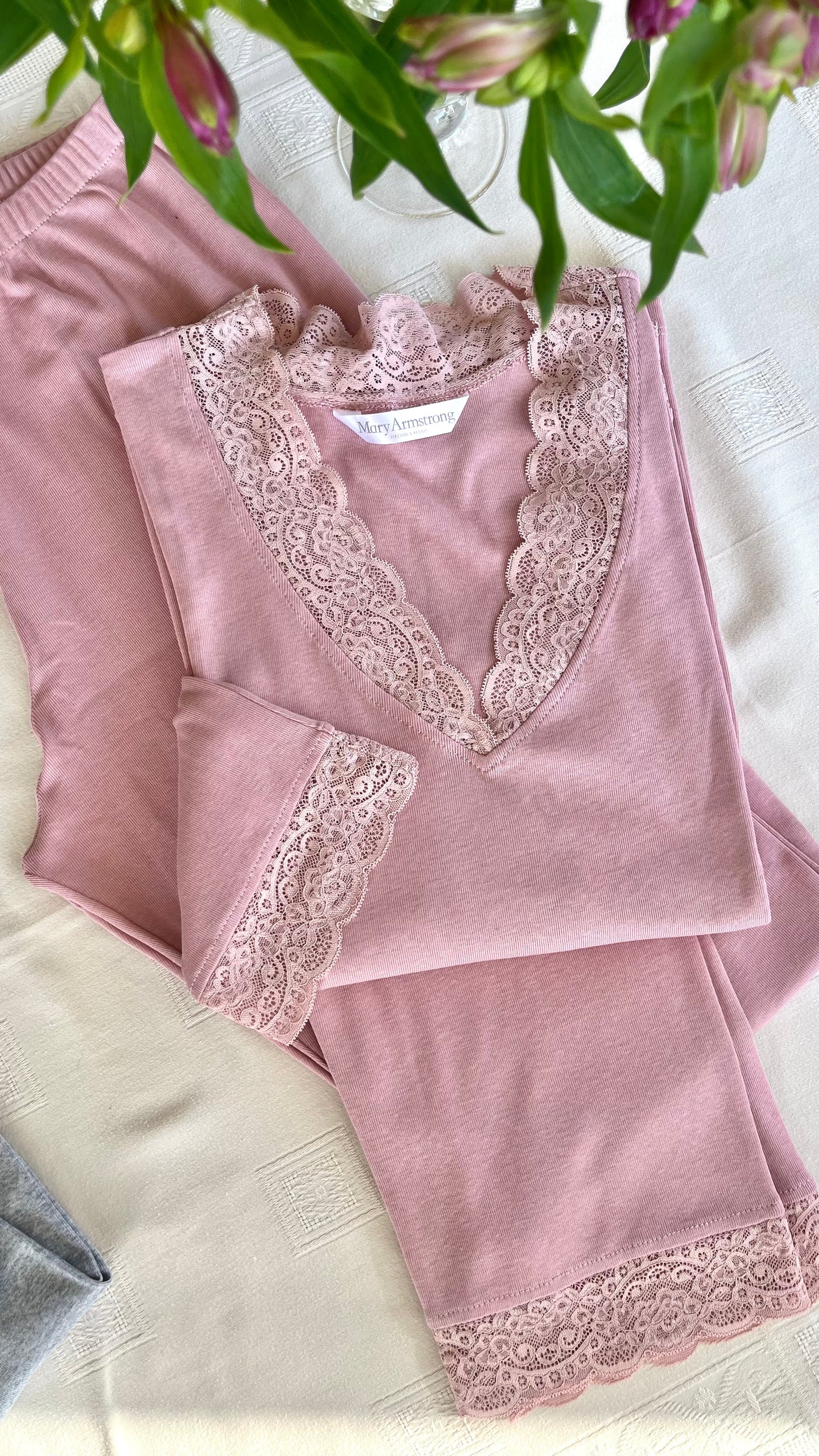 PIJAMA ALGODÓN PALO DE ROSA/ENCAJE