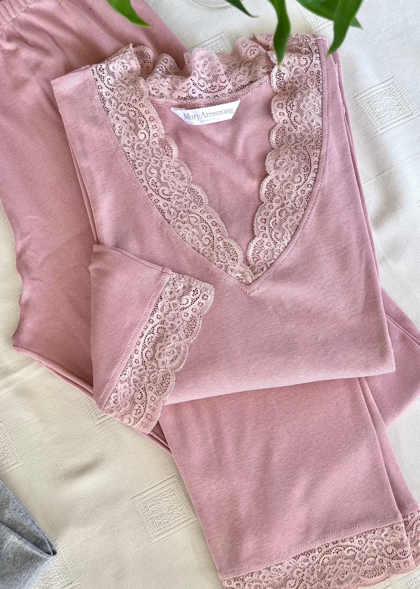 PIJAMA ALGODÓN PALO DE ROSA/ENCAJE