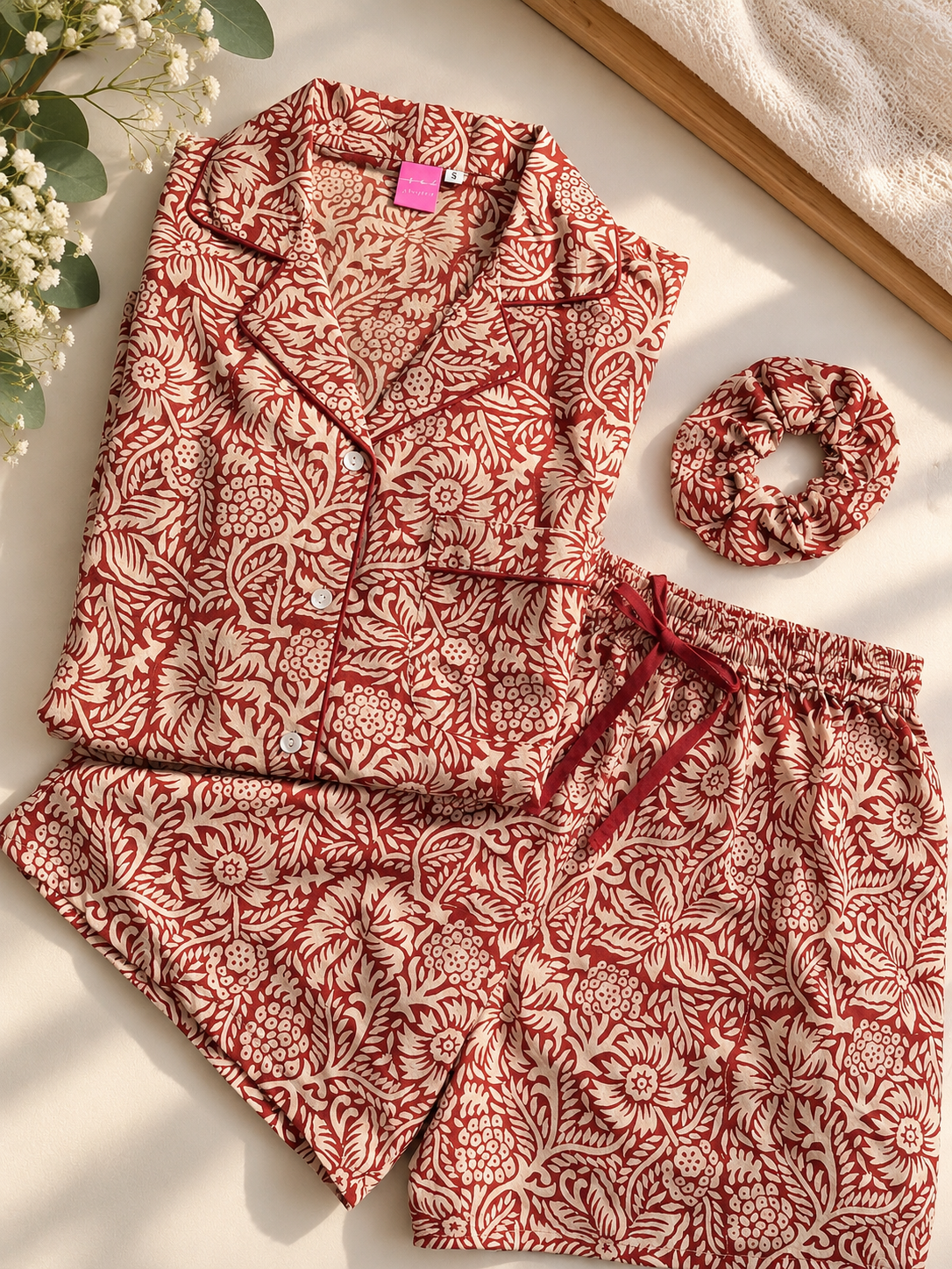 🌸 PIJAMA SUI VERANO | Burdeo -Algodón de la India