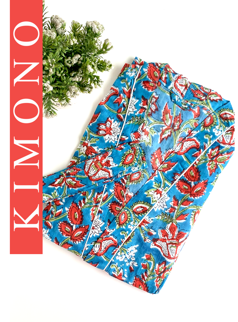 KIMONO LARGO CYAN Y ROJO