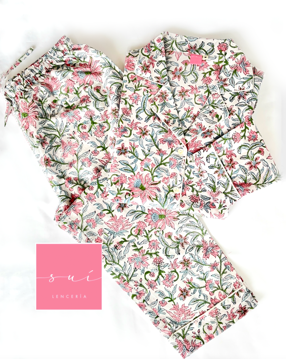 PIJAMA BLANCO ROSADO Y CELESTE / manga corta
