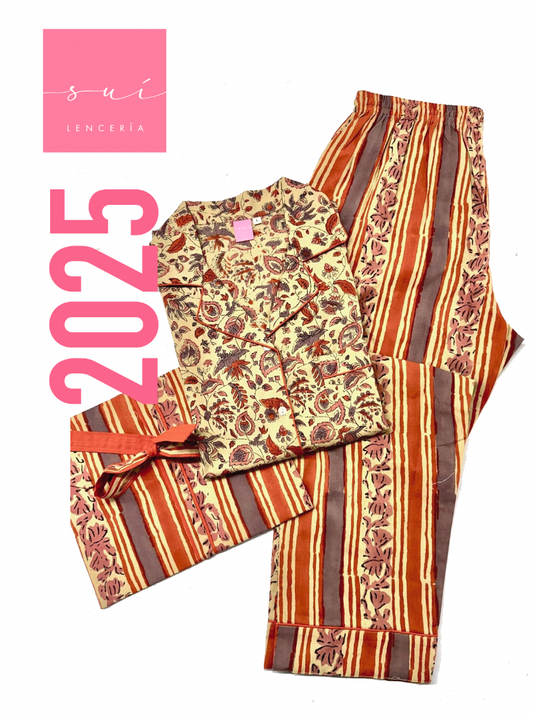 PIJAMA SUI 2025 / BURDEO/ BEIGE/ ROJO
