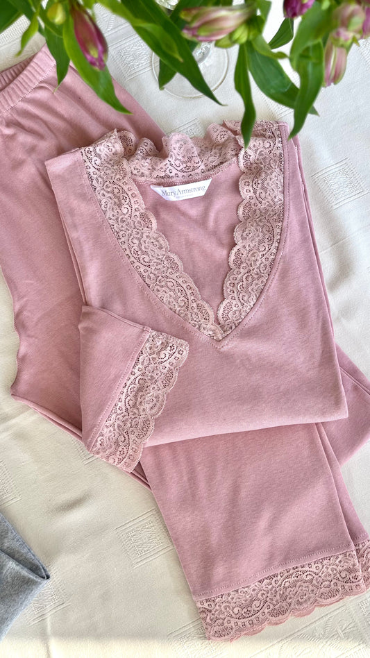 PIJAMA ALGODÓN PALO DE ROSA/ENCAJE