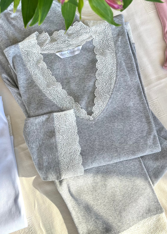 PIJAMA ALGODÓN GRIS MELANGE/ENCAJE