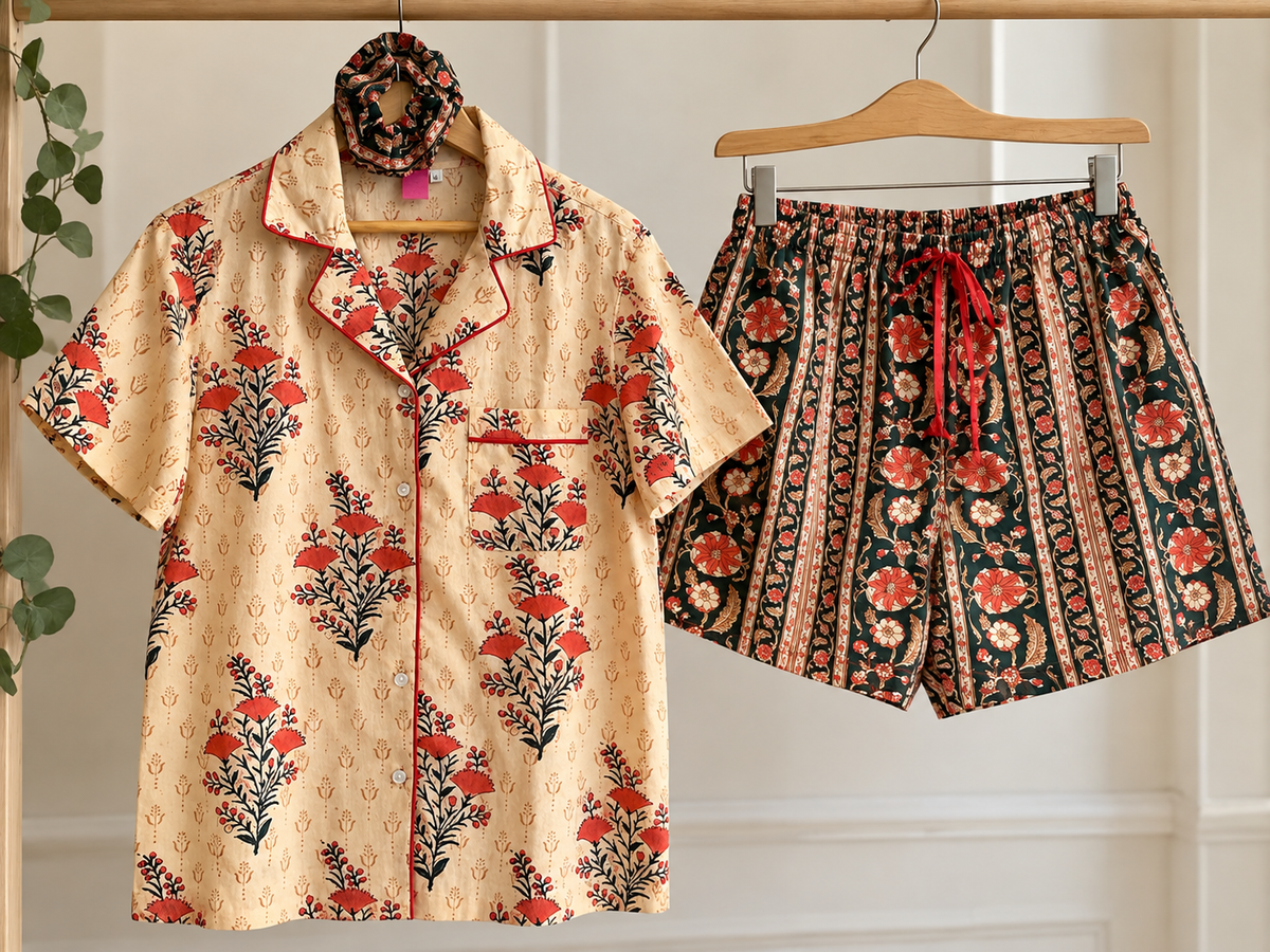 Pijama  verano Sui Beige con rojo