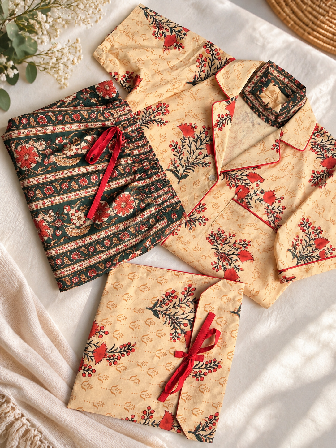 Pijama  verano Sui Beige con rojo