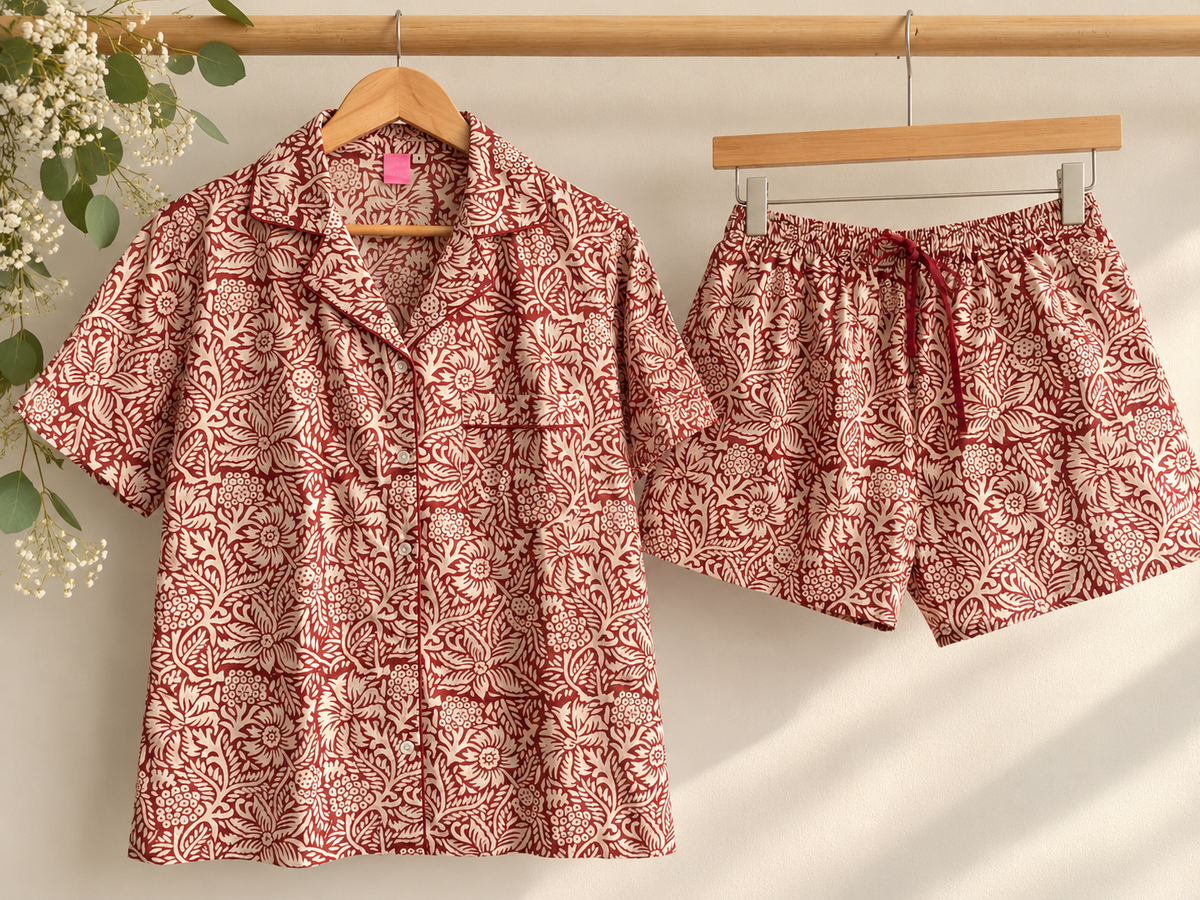 🌸 PIJAMA SUI VERANO | Burdeo -Algodón de la India