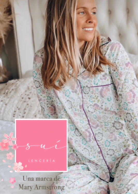PIJAMA PANTALON MANGA LARGA BLANCO LILA