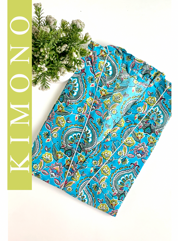 KIMONO LARGO CYAN Y OLIVA