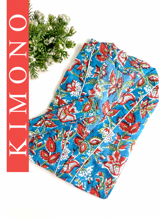 KIMONO LARGO CYAN Y ROJO