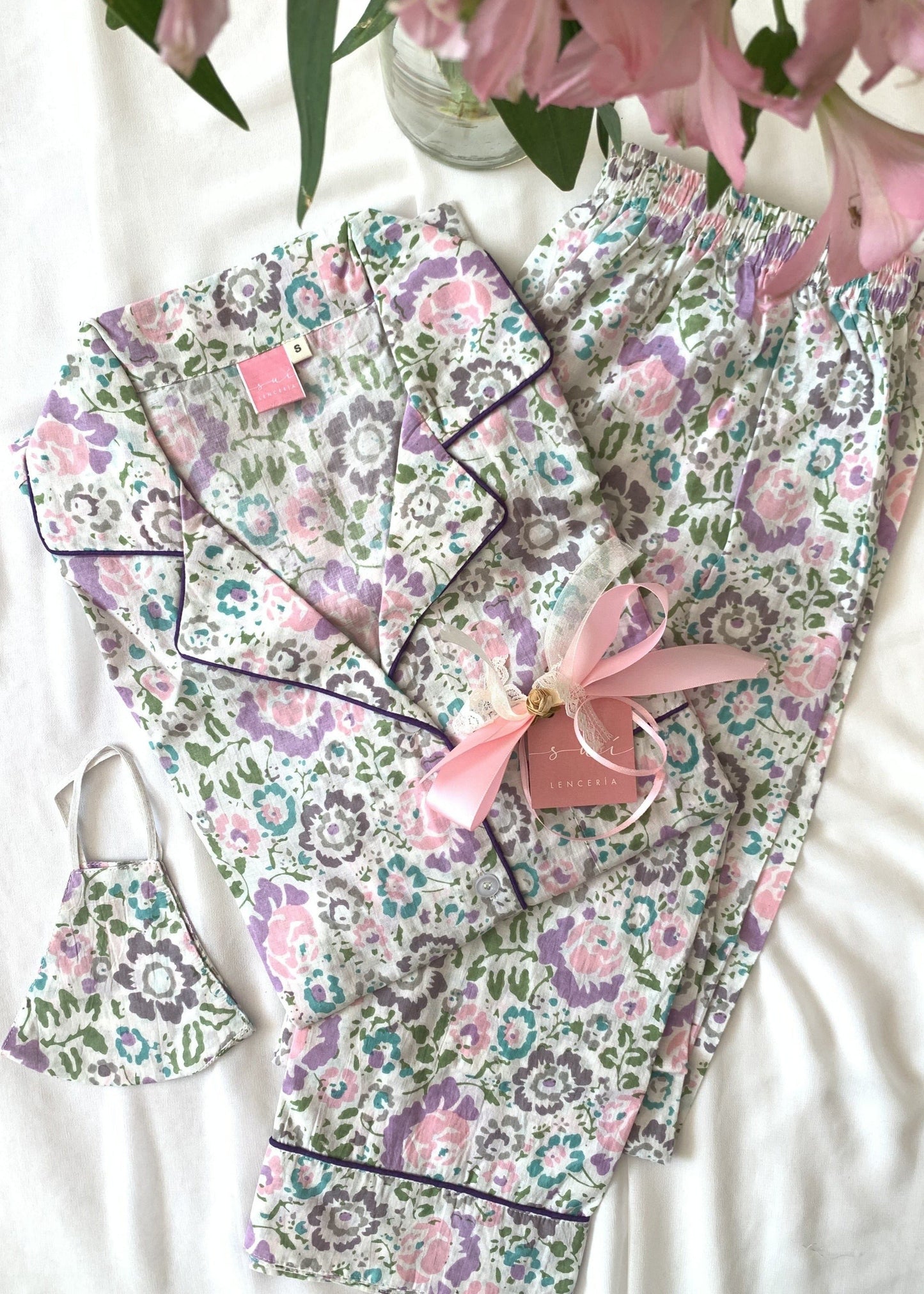 PIJAMA PANTALON MANGA LARGA BLANCO LILA