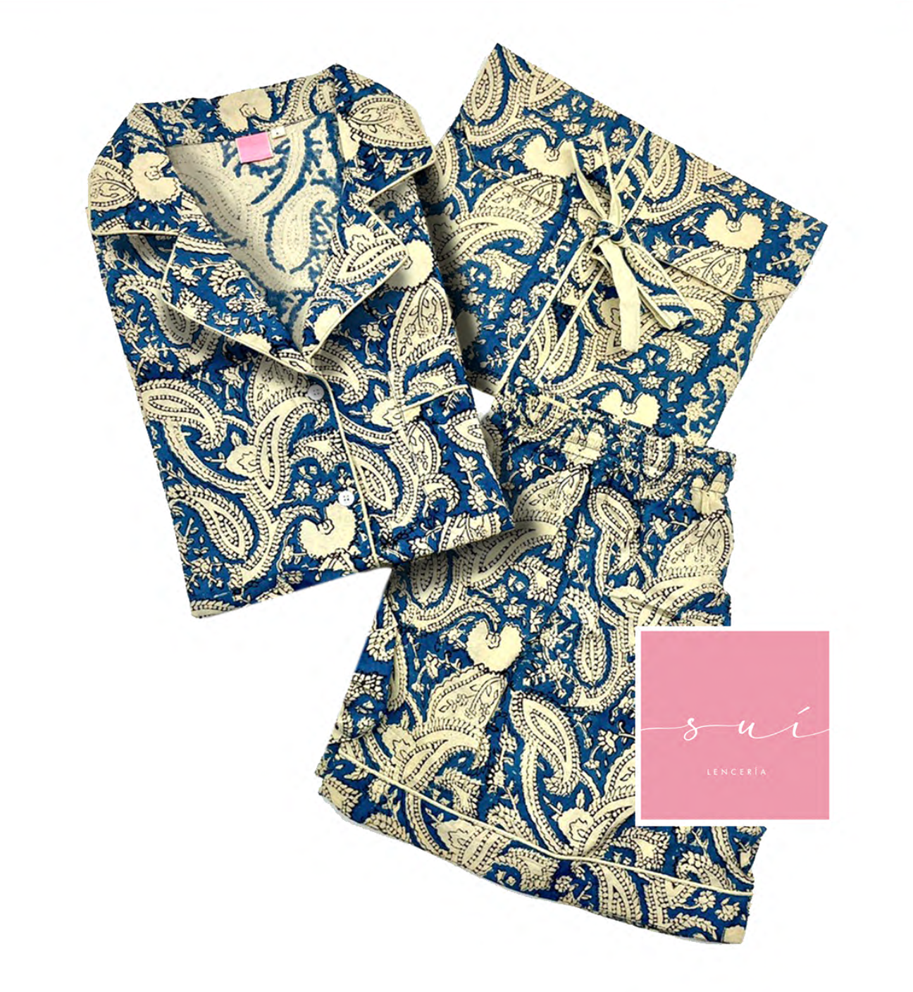PIJAMA SHORT MANGA CORTA AZUL CON BEIGE